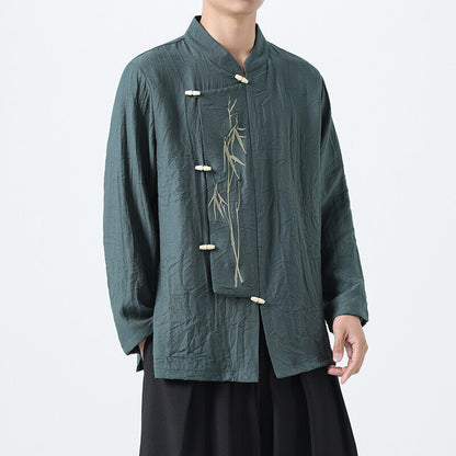 Chinese Style Mens Slanted Collar Hanfu Shirt Long Sleeve Tea Dress