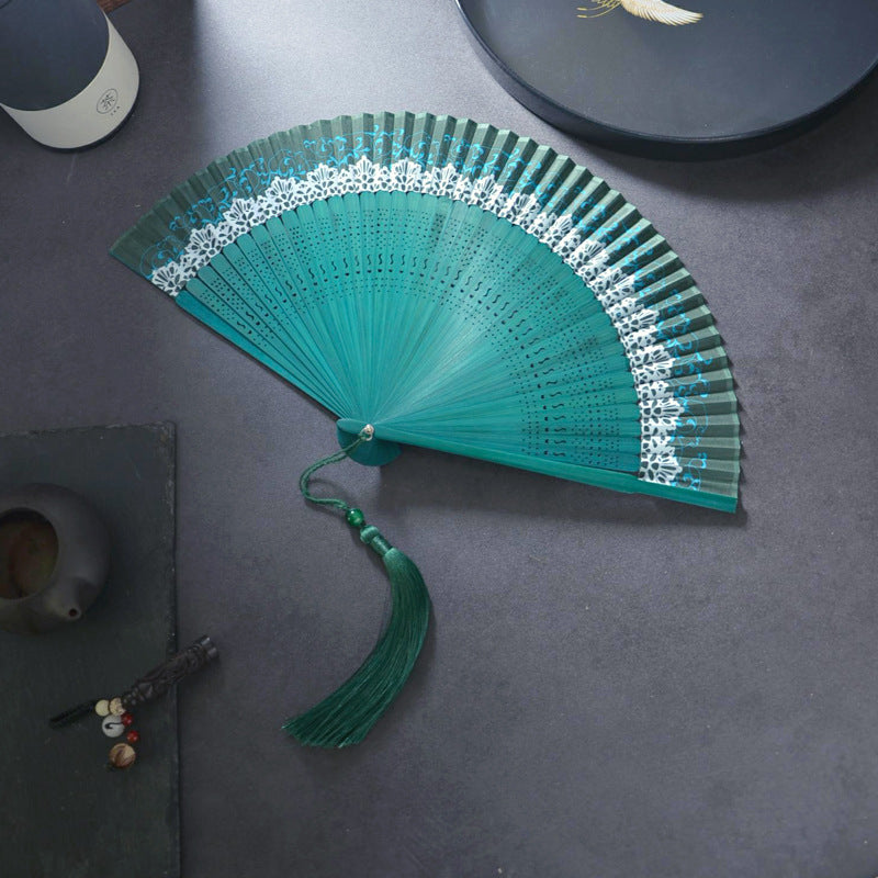 Handheld Green Folding Fan — Chinese Hanfu National Style Summer Fan