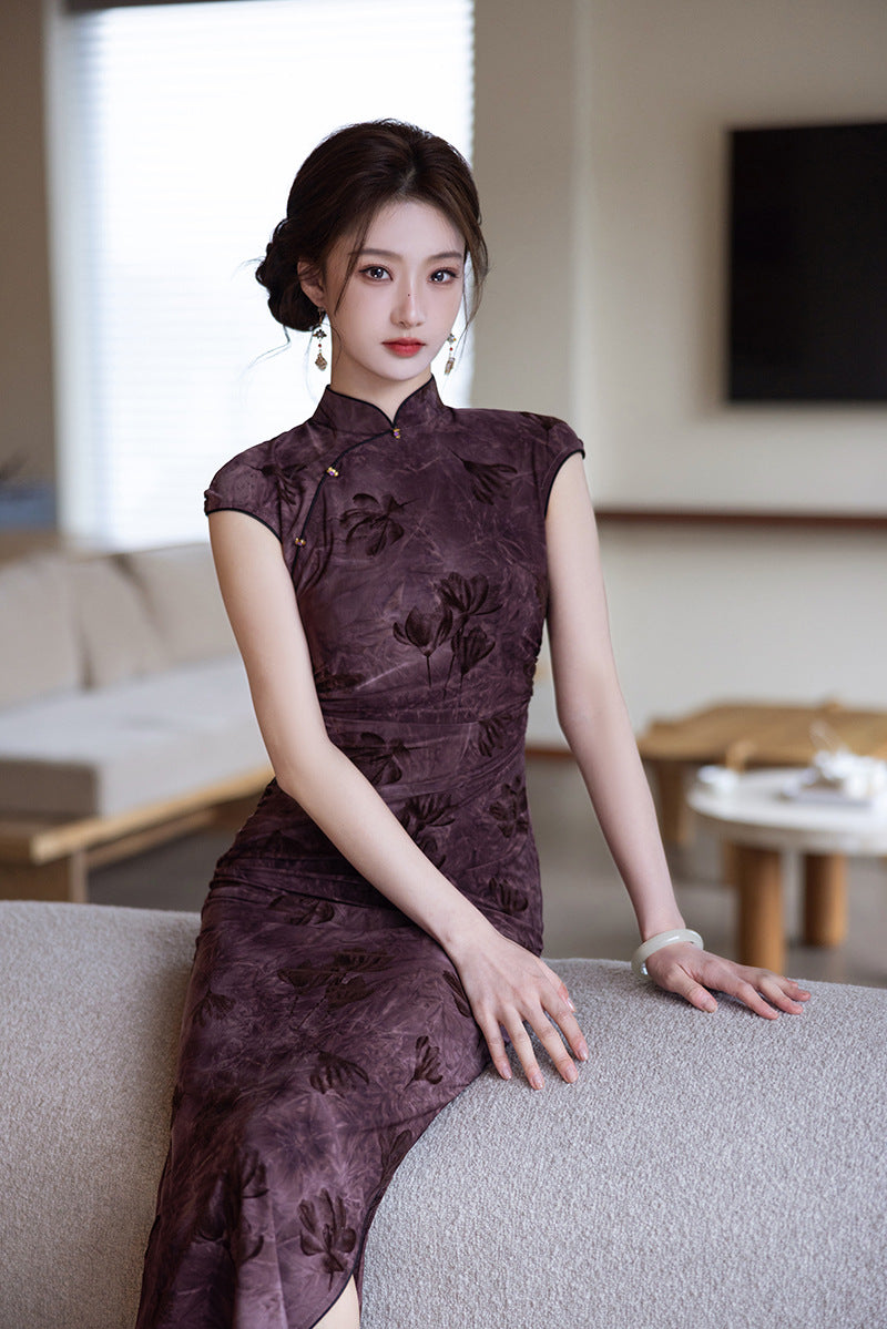 Elegant Purple Cheongsam – 2025 Slim Fit Retro Dress