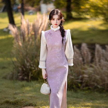 Thick Flared Sleeve Long Cheongsam | Youth New Chinese Style Winter Dress