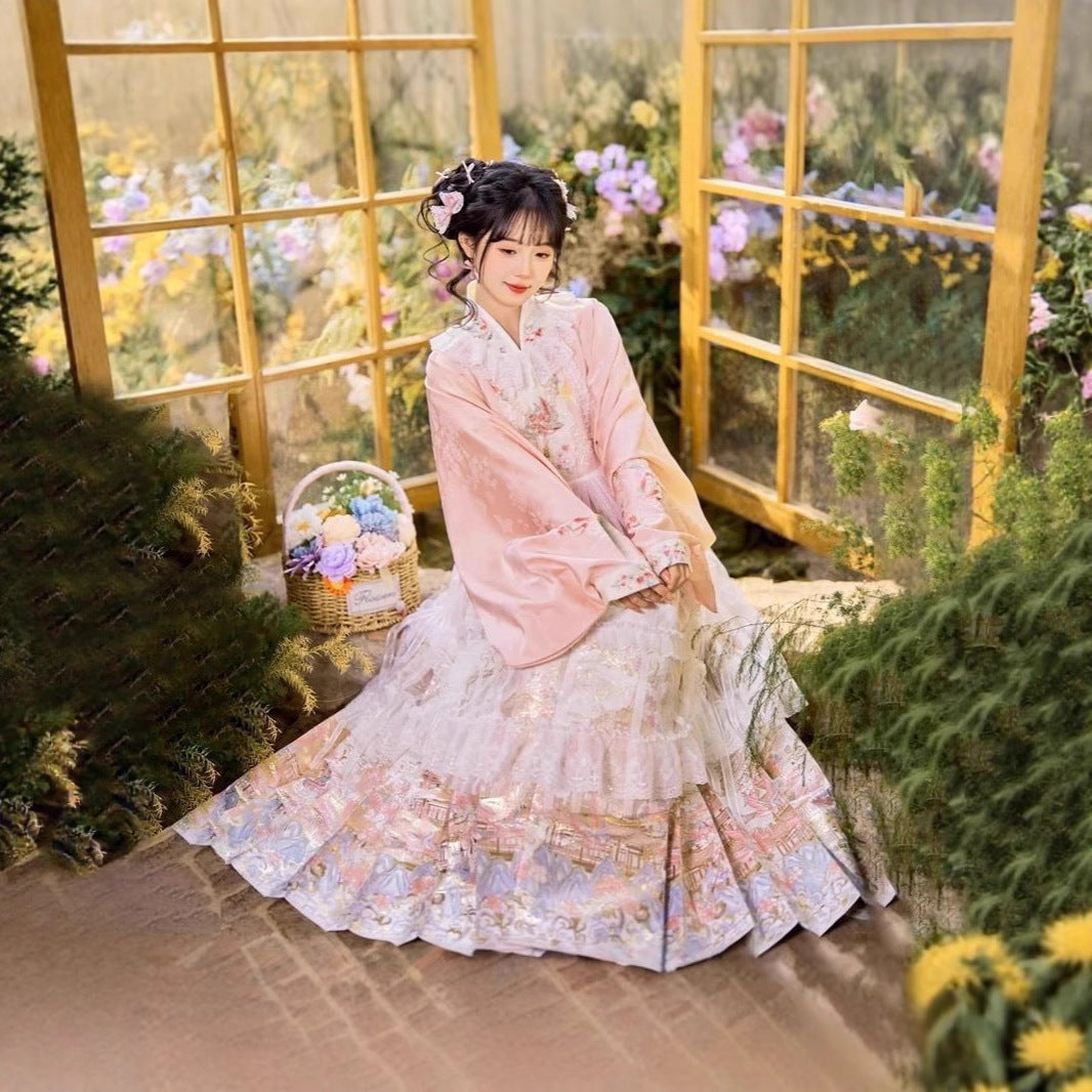 Han-Yang Mixed Hanfu Set 2025 New Ming Style Pipa Sleeve Brocade Horse Face Skirt