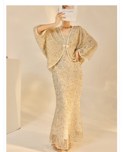 Autumn New Chinese Sequin Embroidered High-End Coat Dress Set