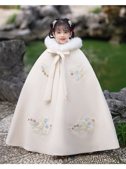 Girls' Winter Hanfu Cloak with Fur Collar Hooded Fairy Cape