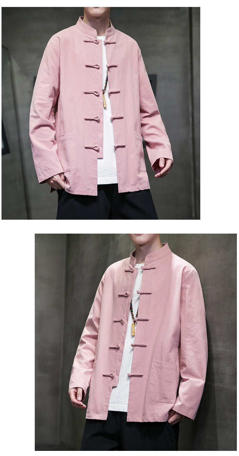 Mens Autumn Chinese Style Hanfu Tang Suit Button Up Cotton Linen Top