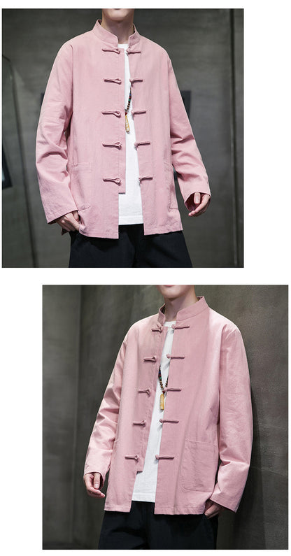Mens Autumn Chinese Style Hanfu Tang Suit Button Up Cotton Linen Top