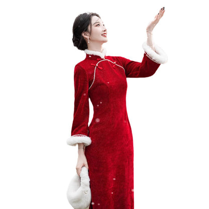 2025 New Improved Qipao – Warm Red High-End Autumn Winter Style