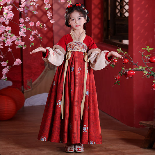 Children’s Winter Hanfu Dress | Elegant Thickened Tang Suit Cheongsam for New Year