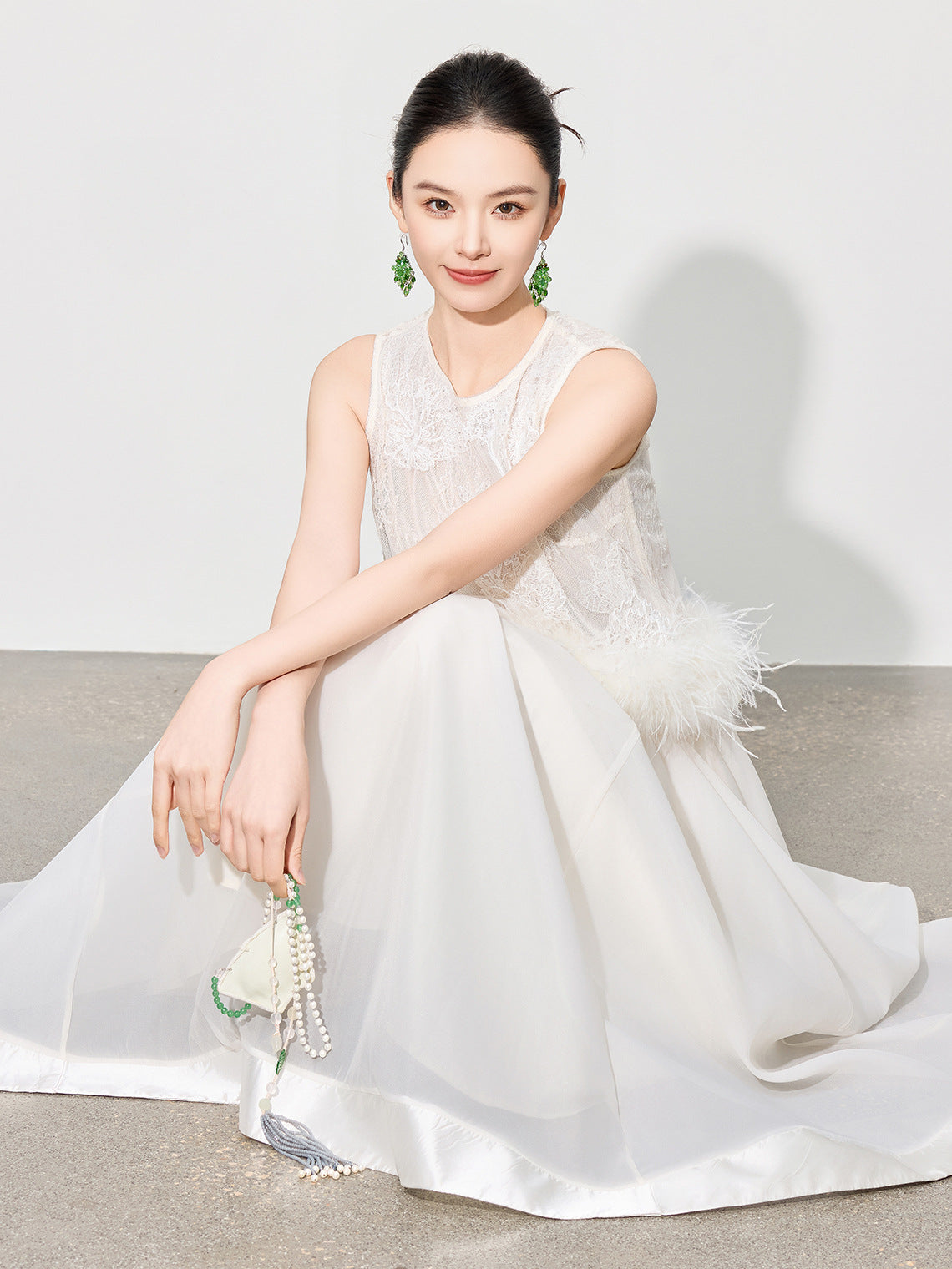 Double-Layer Mesh Patchwork Long Skirt with Elastic Waist