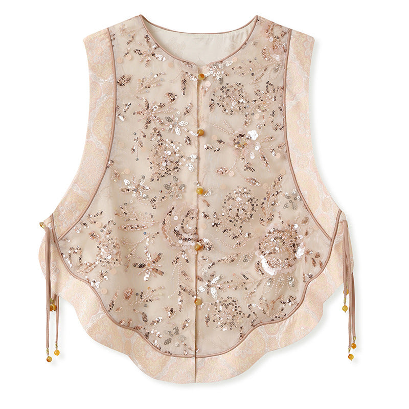 National Style2025Summer New Beaded Embroidery New Chinese Style Sequin Mermaid Skirt Vest Pants Set