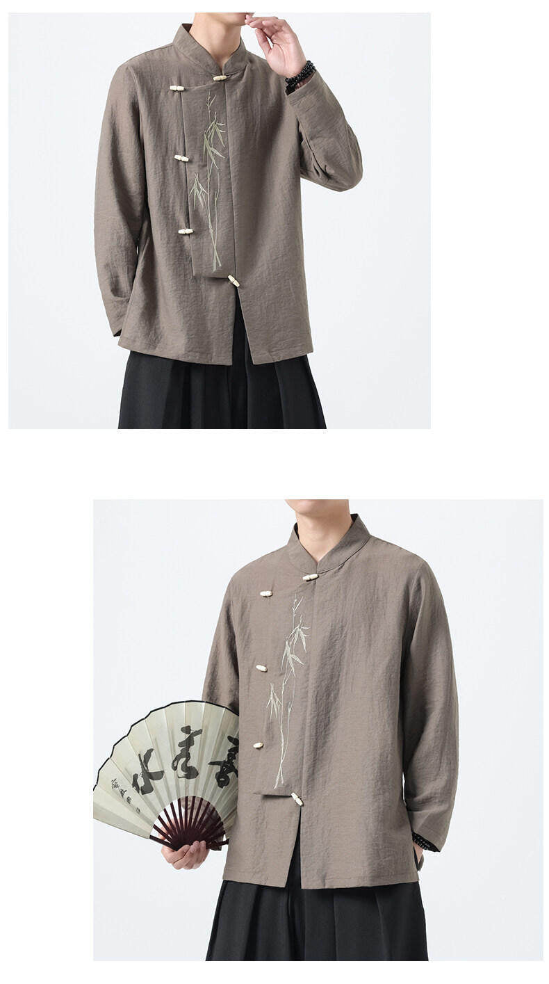 Chinese Style Mens Slanted Collar Hanfu Shirt Long Sleeve Tea Dress