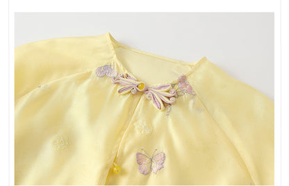 New Chinese Embroidered Feather Sleeve Patchwork Top & Skirt Set