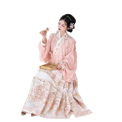 Han-Yang Mixed Hanfu Set 2025 New Ming Style Pipa Sleeve Brocade Horse Face Skirt