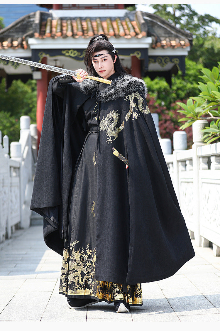 Men's Fleece-Lined Fur Collar Cloak New Chinese Style Winter Hanfu