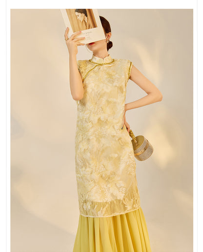 New Chinese Style Printed Cheongsam | Autumn Elegant Beaded Dress