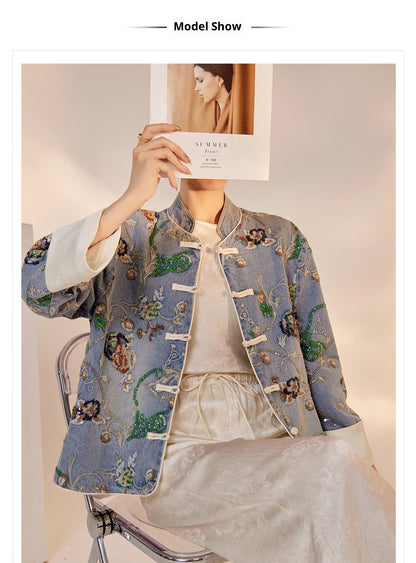 Blue Sequin Embroidered Denim Jacket High-End New Chinese Style