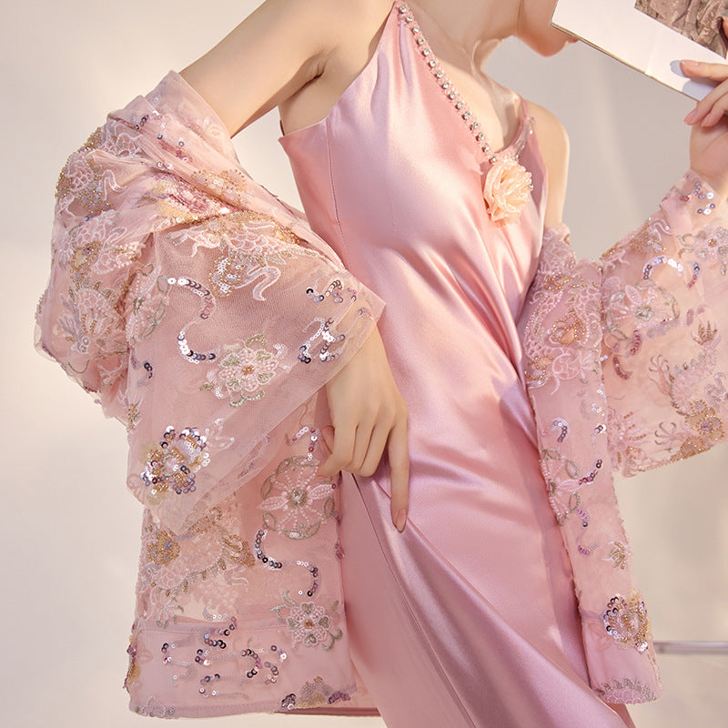 French Style Pink 3D Rose Acetate Strap Dress Elegant Long Gown