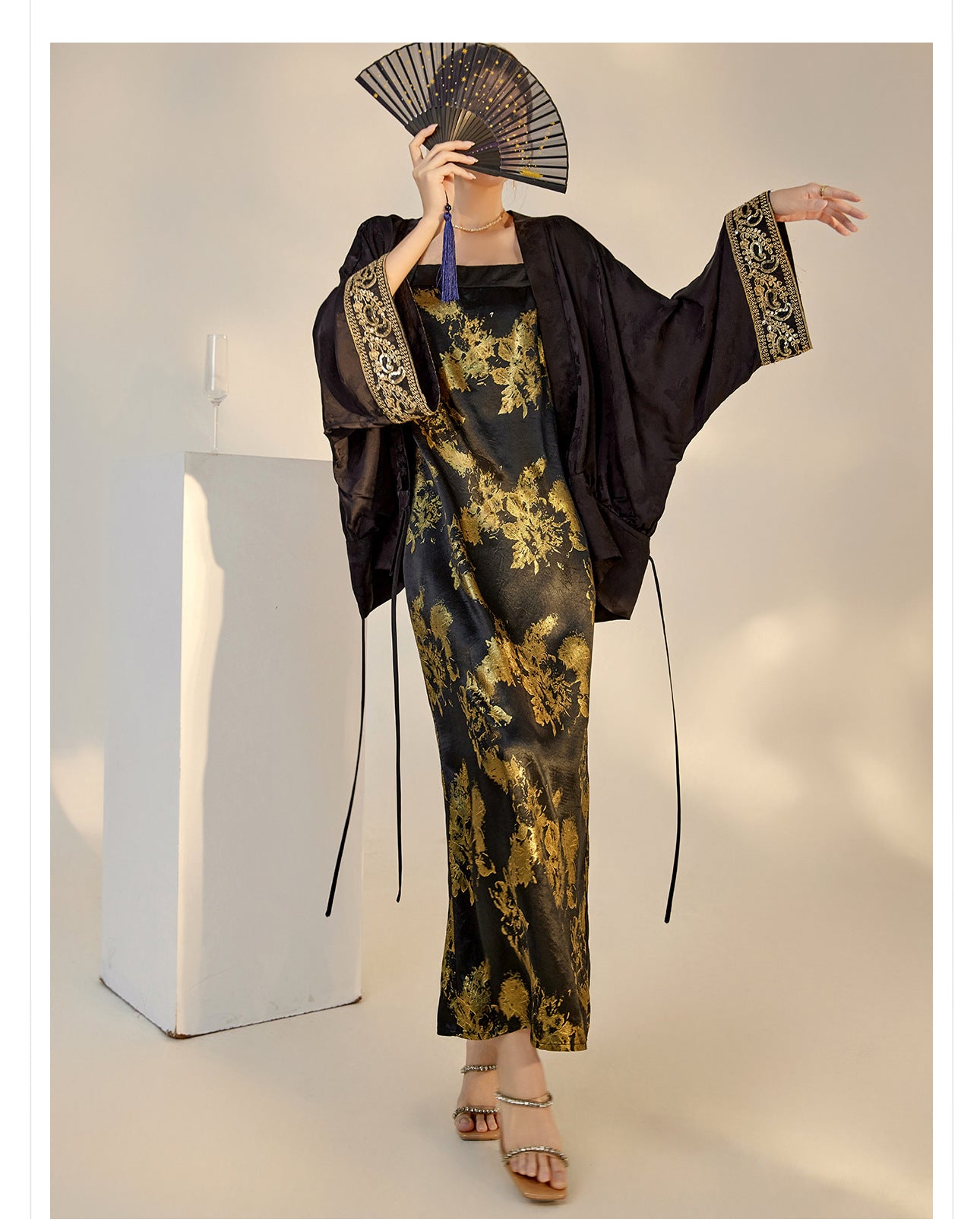 Summer New Chinese Printed Rayon Shirt & Strap Dress Set