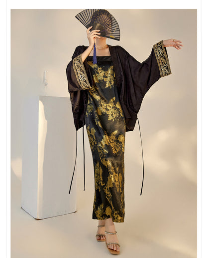 Summer New Chinese Printed Rayon Shirt & Strap Dress Set