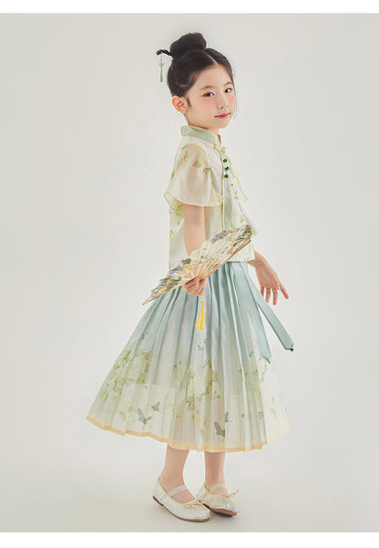 New Chinese Style Girls Outfit — Short Sleeve Shirt & Pleated Skirt
