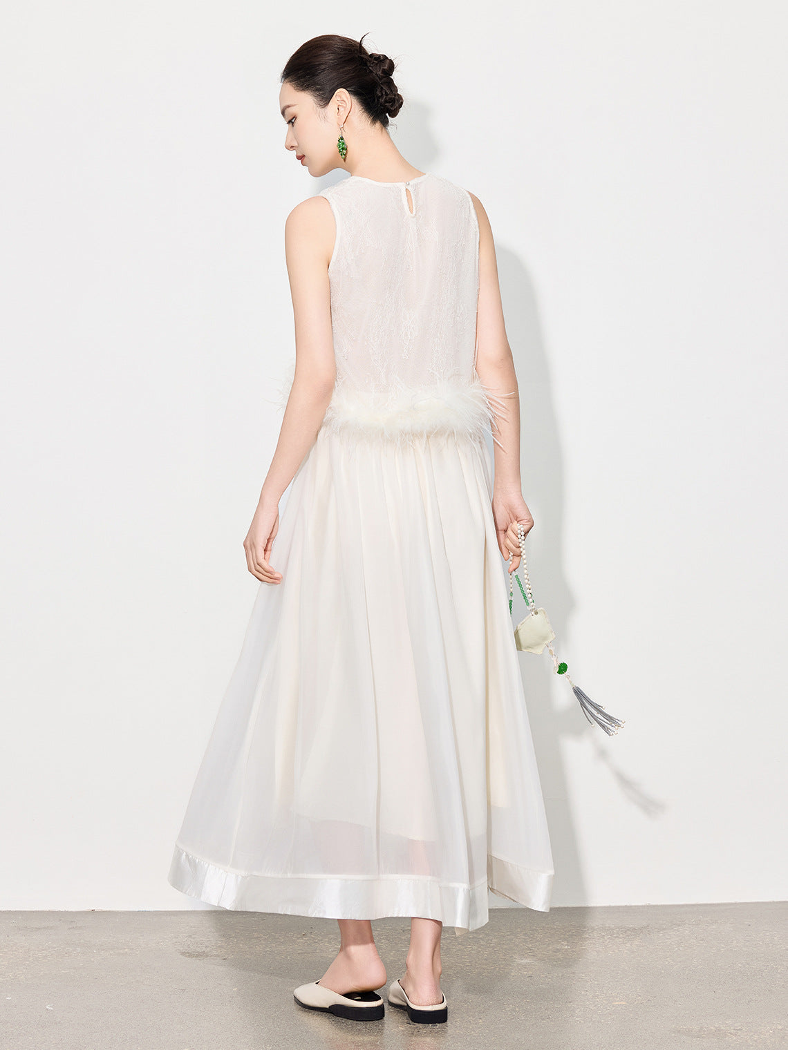 Double-Layer Mesh Patchwork Long Skirt with Elastic Waist