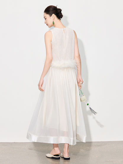 Double-Layer Mesh Patchwork Long Skirt with Elastic Waist