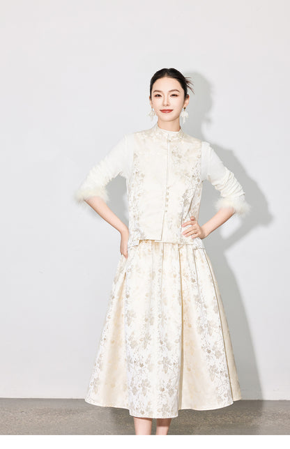 Elegant Jacquard Sleeveless Vest & A-Line Skirt Two-Piece Set