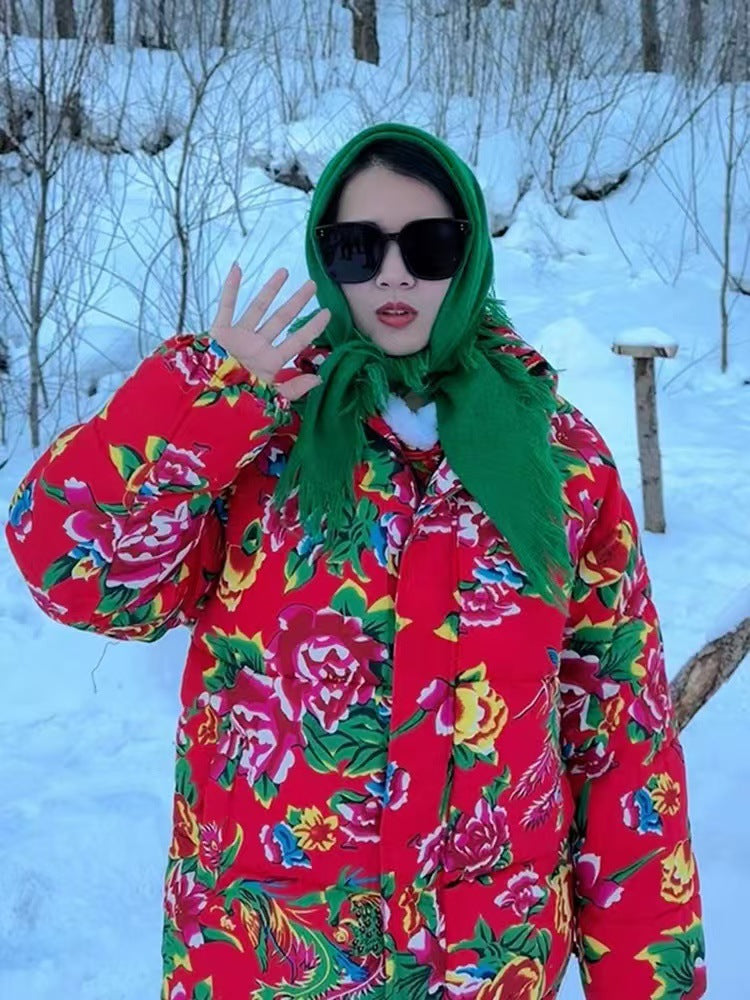 Festive Northeast Large Floral Cotton Jacket Loose Winter Coat