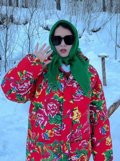 Festive Northeast Large Floral Cotton Jacket Loose Winter Coat