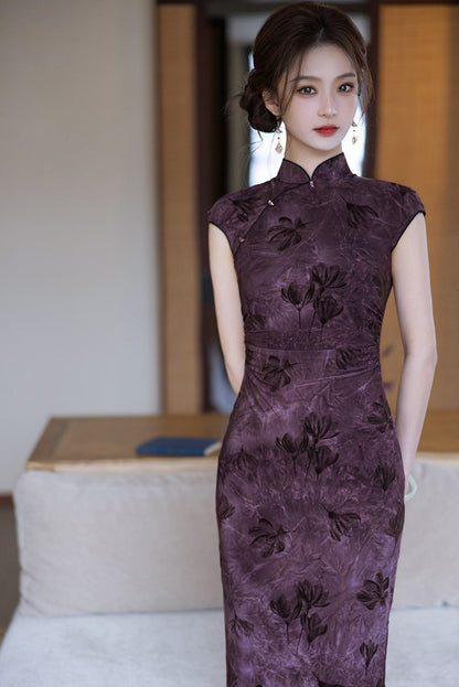 Elegant Purple Cheongsam – 2025 Slim Fit Retro Dress