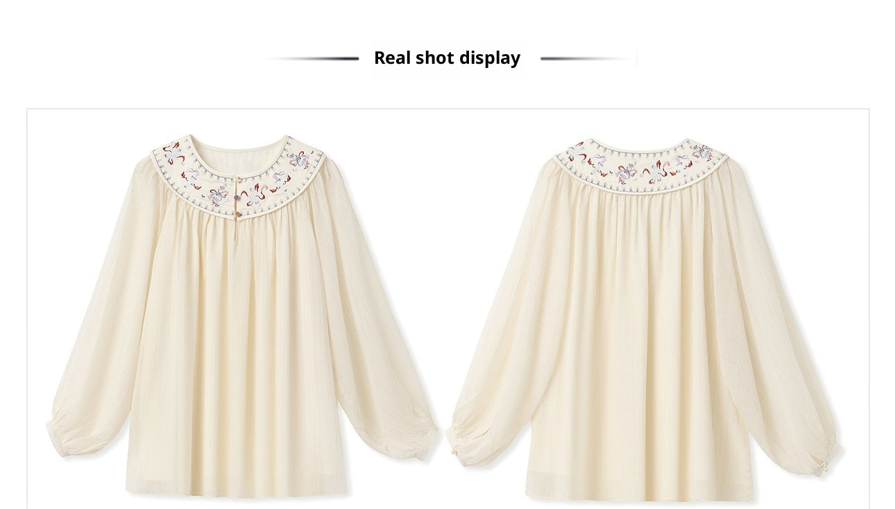 New Chinese Style Embroidered Mesh Shirt | Autumn Light Luxury Elegant Top