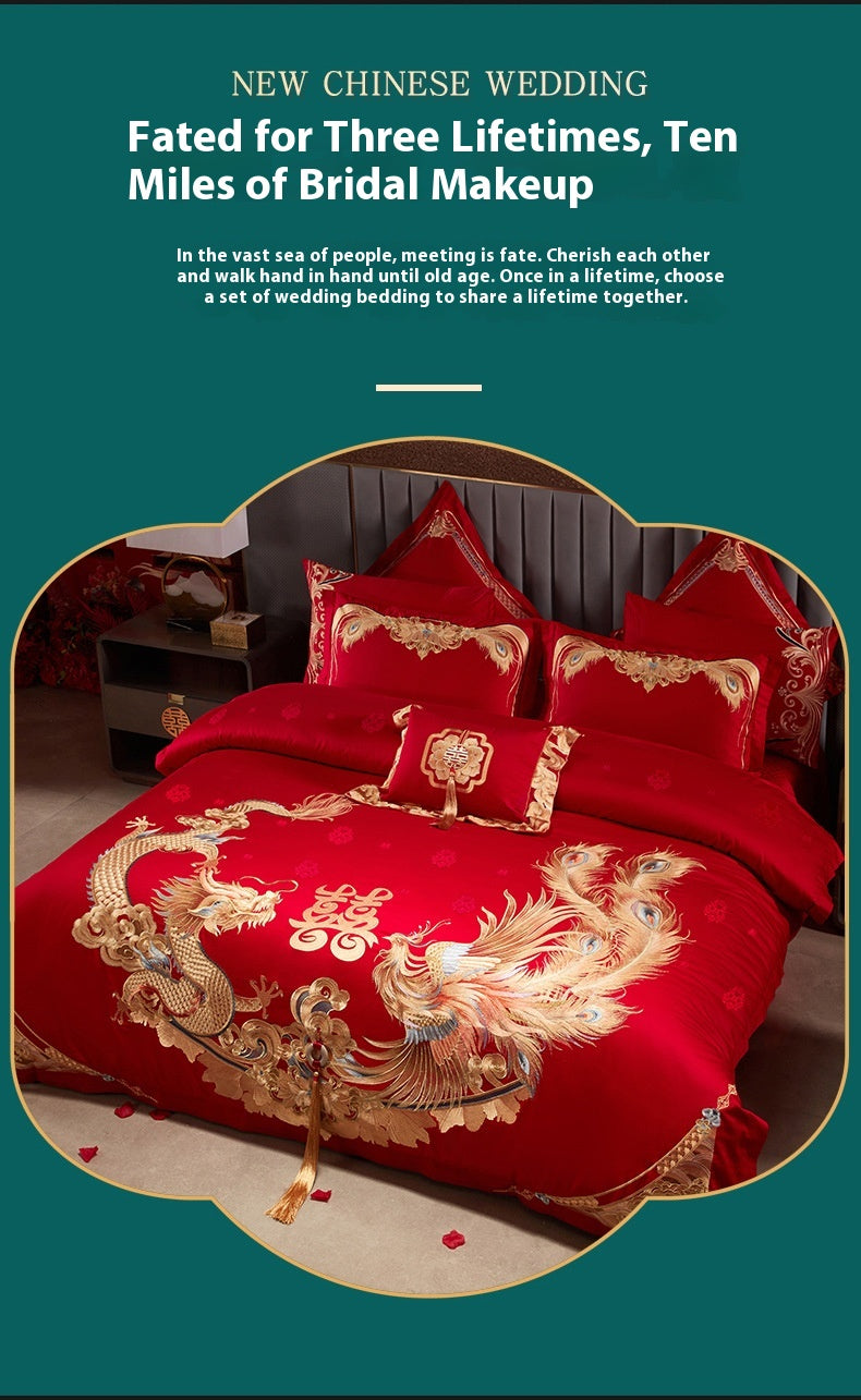 Luxury Red Cotton Wedding Bedding 4-Piece Embroidered Set