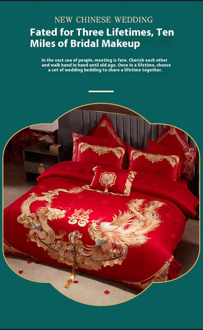 Luxury Red Cotton Wedding Bedding 4-Piece Embroidered Set