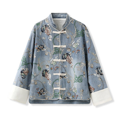 Blue Sequin Embroidered Denim Jacket High-End New Chinese Style