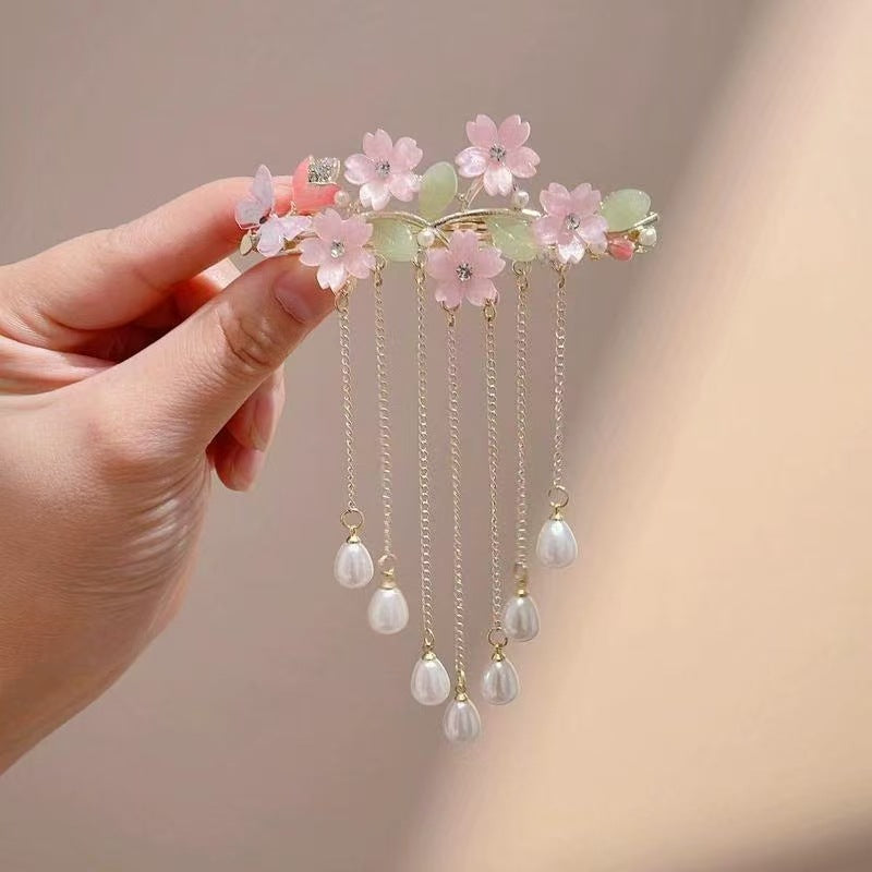 Blue Enamel Hair Clip Chinese Style Pearl Tassel Butterfly Hairpin