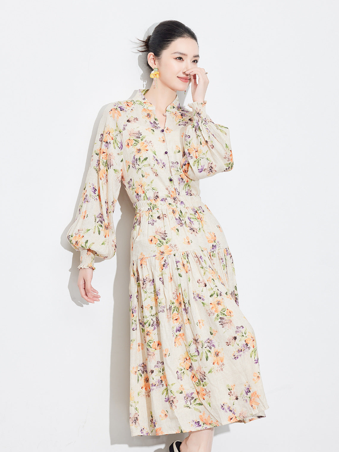 National Style Linen Floral Shirt & Skirt Two-Piece Set
