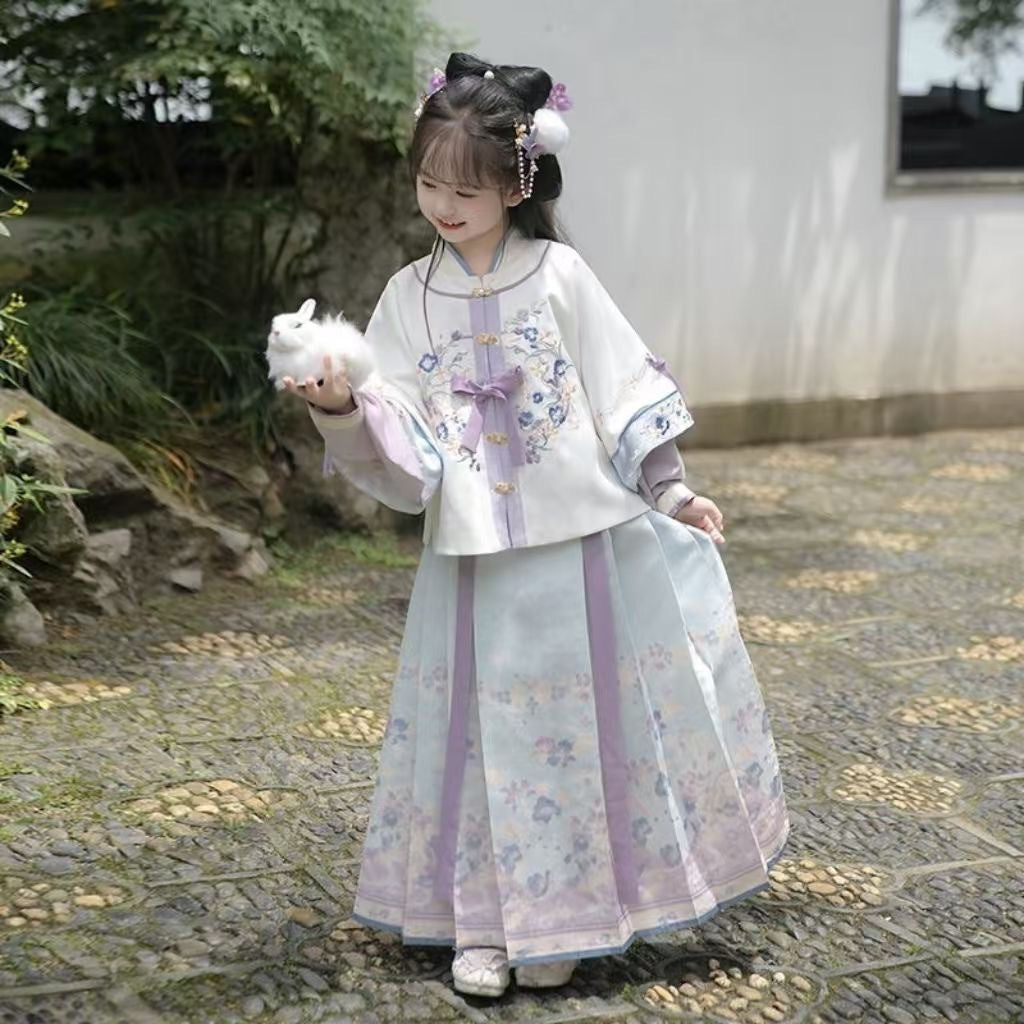 Girls’ Spring Autumn Hanfu | Ancient Style Ming Dynasty Horse Face Dress Set