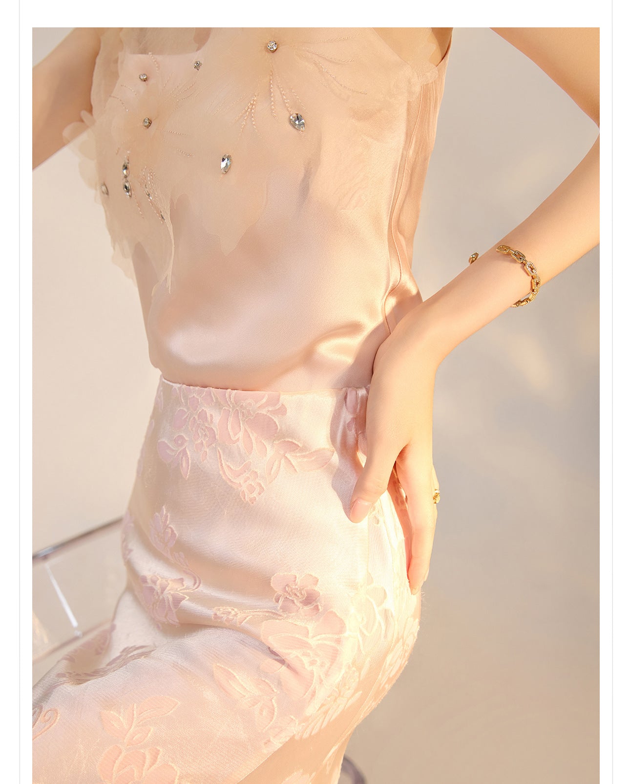 New Chinese Style Beaded Floral Acetate Top | Elegant Short Camisole