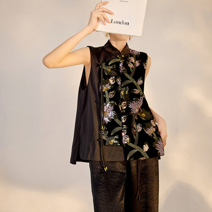 Summer Sequin Asymmetrical Vest Top High-End National Style