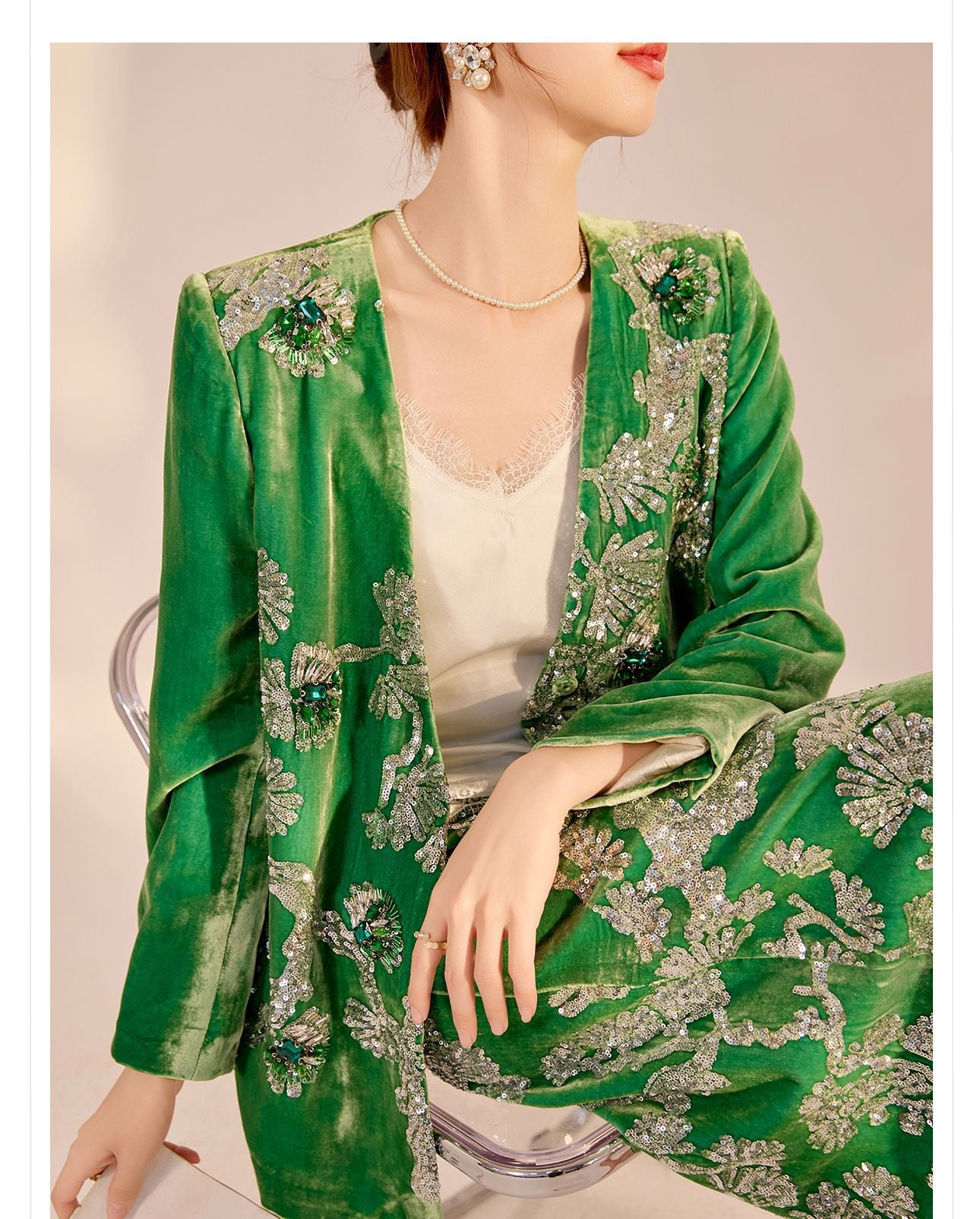 2025 Spring New Chinese Beaded Embroidered Silk Cardigan & Skirt Set