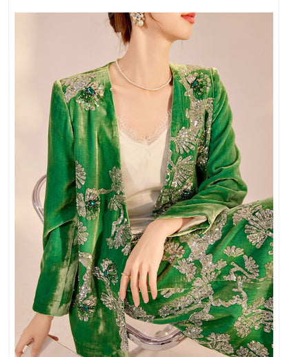 2025 Spring New Chinese Beaded Embroidered Silk Cardigan & Skirt Set