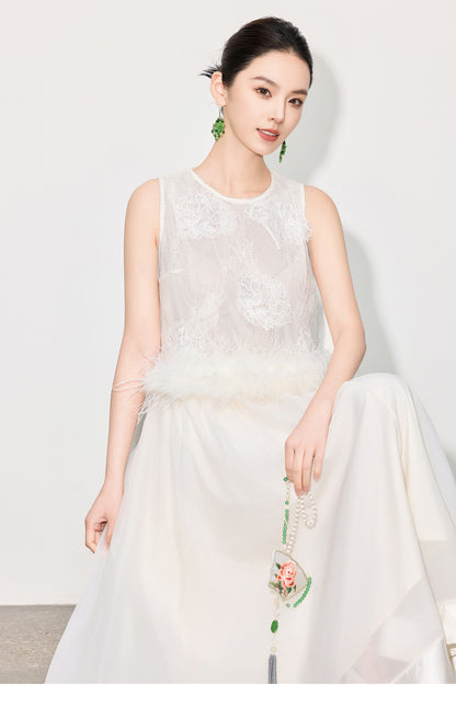 Double-Layer Mesh Patchwork Long Skirt with Elastic Waist