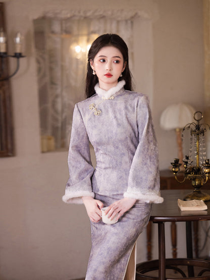 New Chinese Style Purple Qipao | Thickened Warm Retro Winter Dress