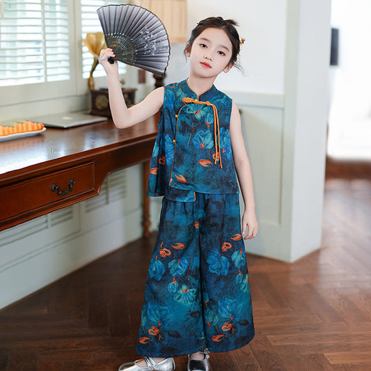 Children’s Summer Hanfu — Floral Top & Comfortable Wide-Leg Pants