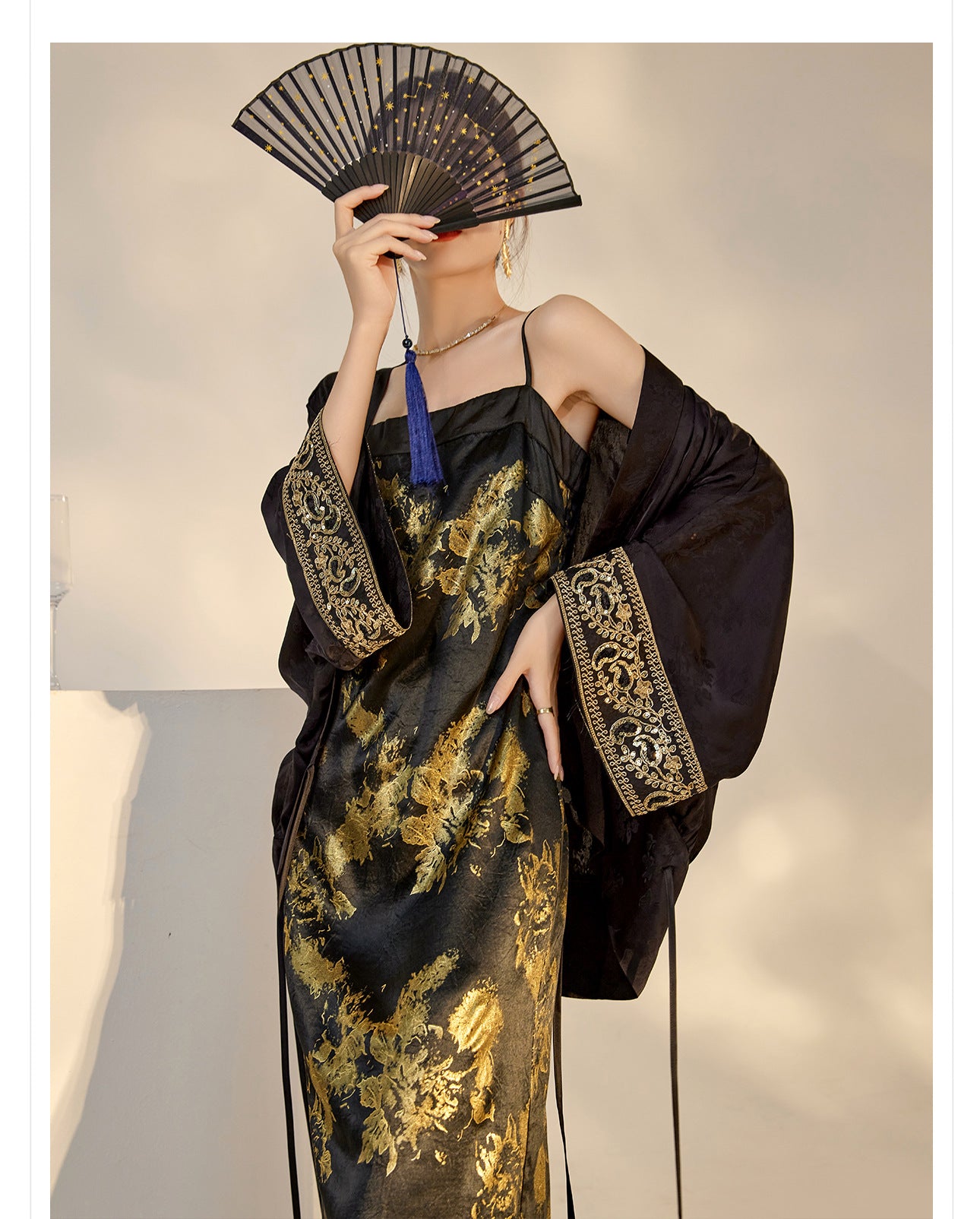 Summer New Chinese Printed Rayon Shirt & Strap Dress Set