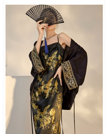 Summer New Chinese Printed Rayon Shirt & Strap Dress Set