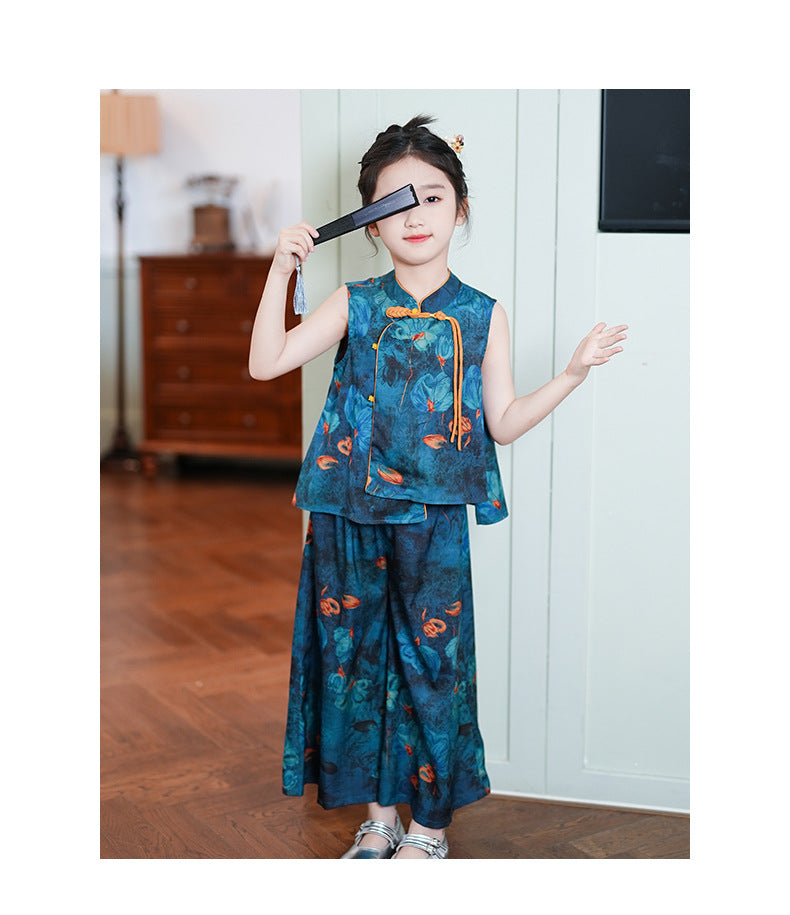 Children’s Summer Hanfu — Floral Top & Comfortable Wide-Leg Pants