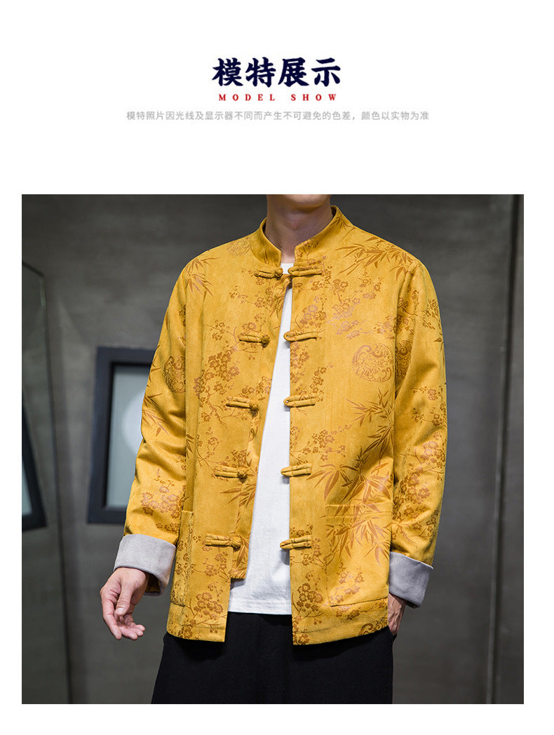 Chinese Style Mens Retro Tang Suit Button Printed Velvet Coat
