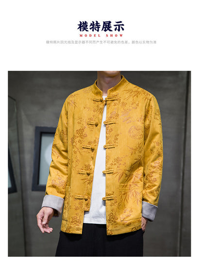 Chinese Style Mens Retro Tang Suit Button Printed Velvet Coat