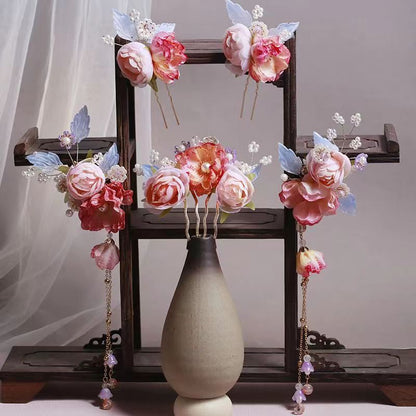 Hanfu Hair Accessories Pink Silk Flower Hairpin Tassel Side Clip