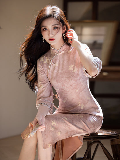 Republic of China Style Pink Cheongsam – Autumn Youth Dress